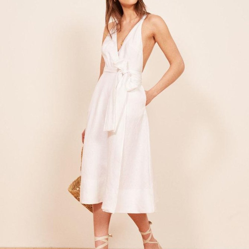 Reformation Maggie Midi Wrap Dress White Linen